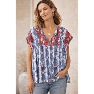 thml anthropologie top embroidered Boho Relaxed Fit Costal Summer Peasant Hippie